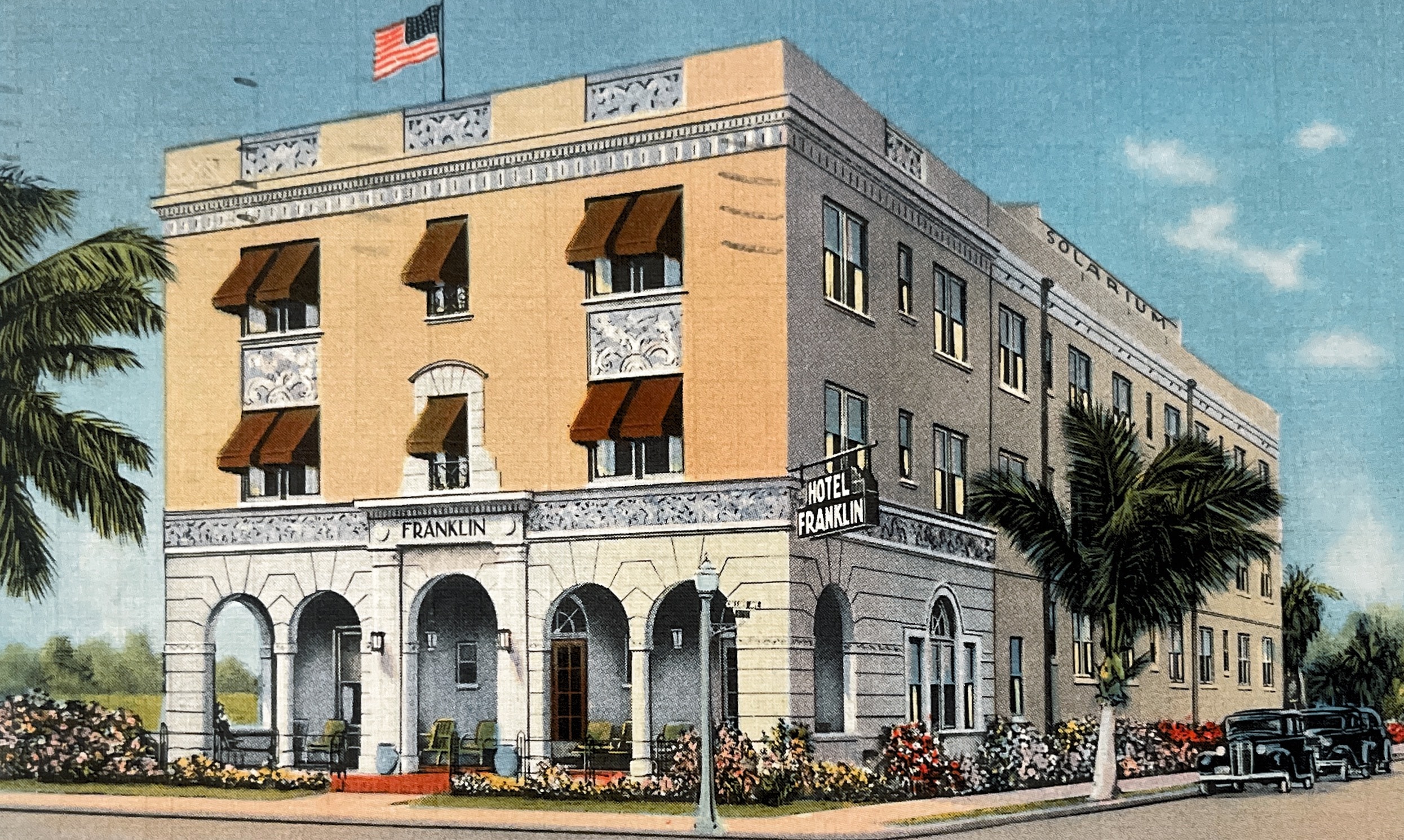 1936 Hotel Franklin Miami Beach postcard — Art Deco building with palm trees and vintage automobile